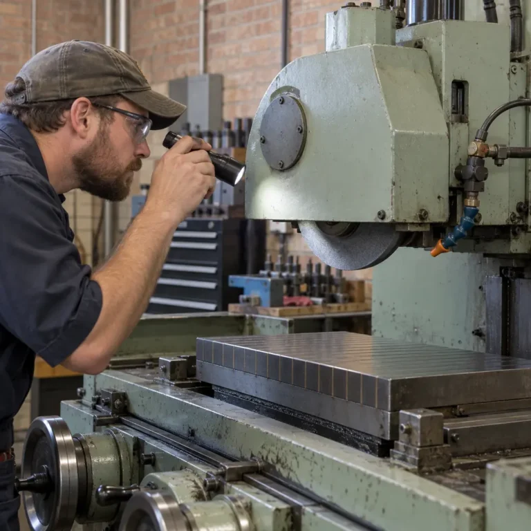 Illustration for Mankato, MN: technician inspecting the wheel housing of a surface grinder with a flashlight