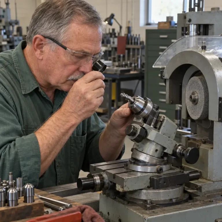 Illustration for Mason City, IA: technician examining a tool grinder workhead and cutter through a magnifier
